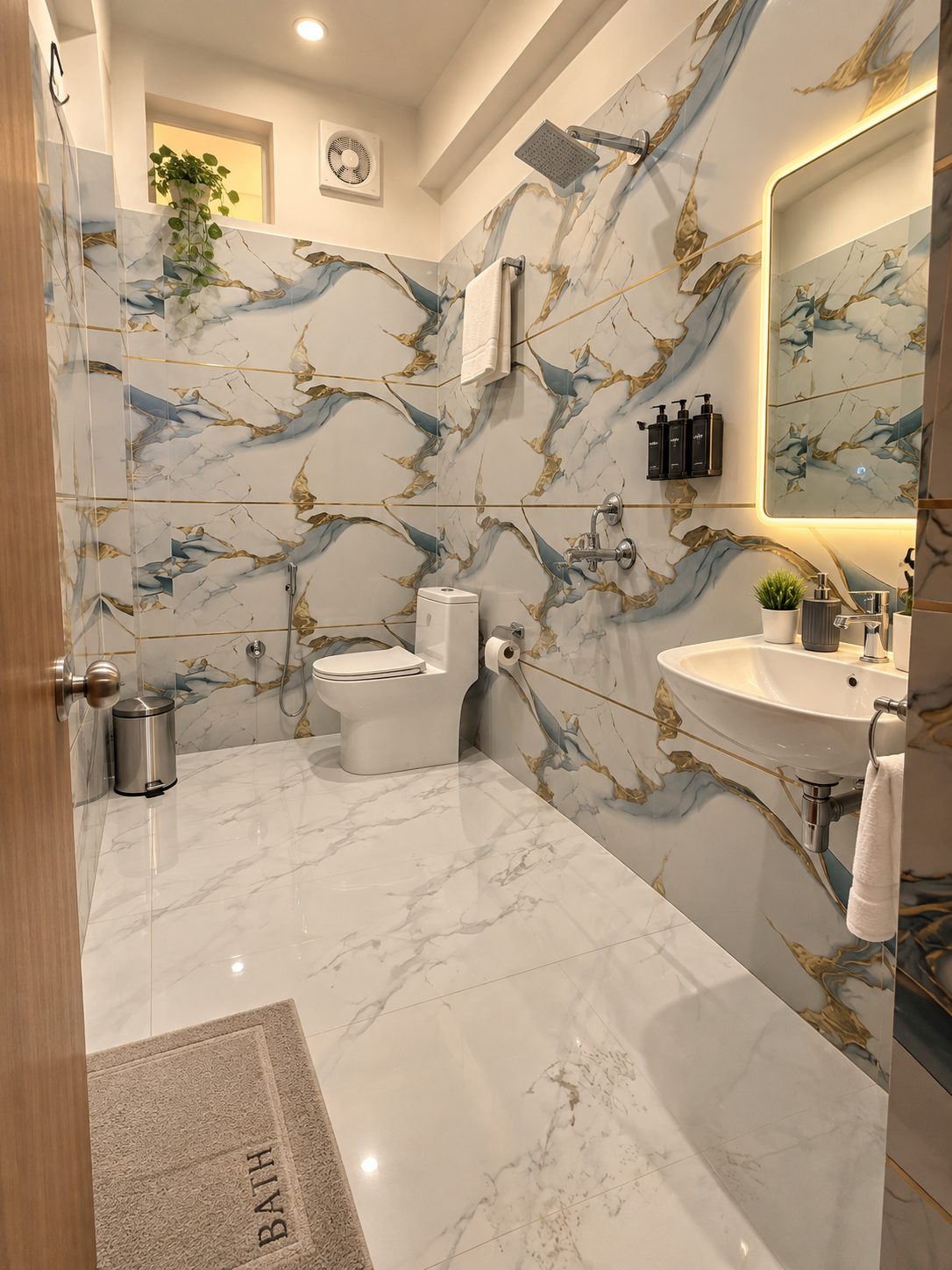 A marble-tiled bathroom with a backlit mirror