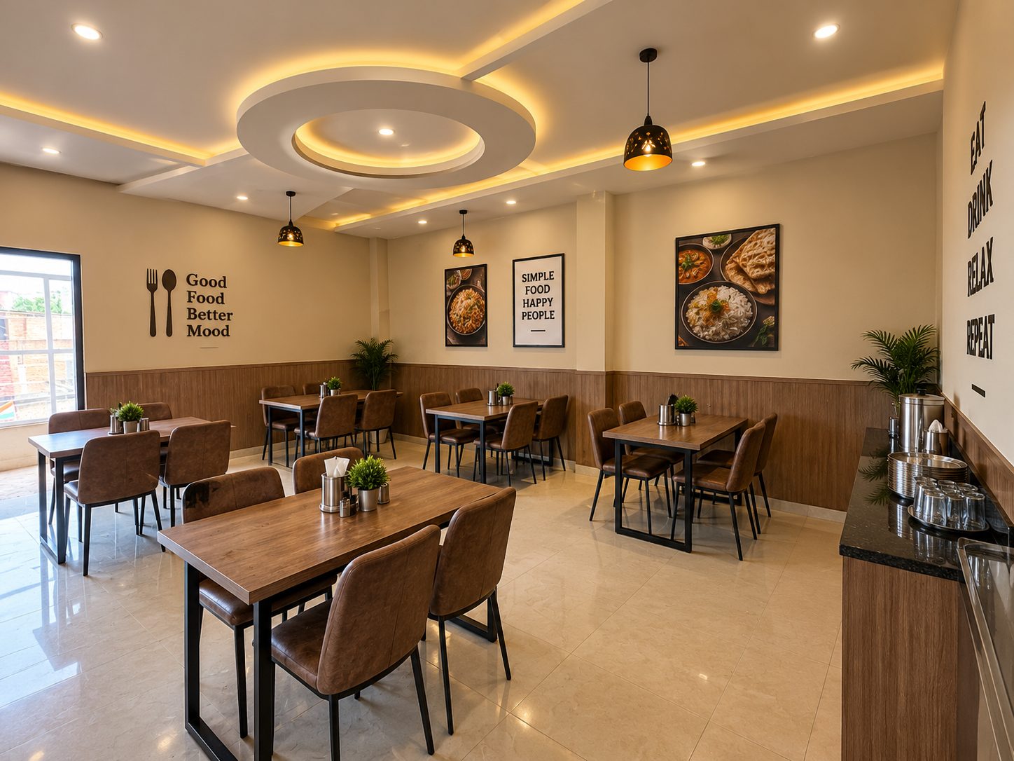The restaurant — wooden tables beneath a circular lit ceiling